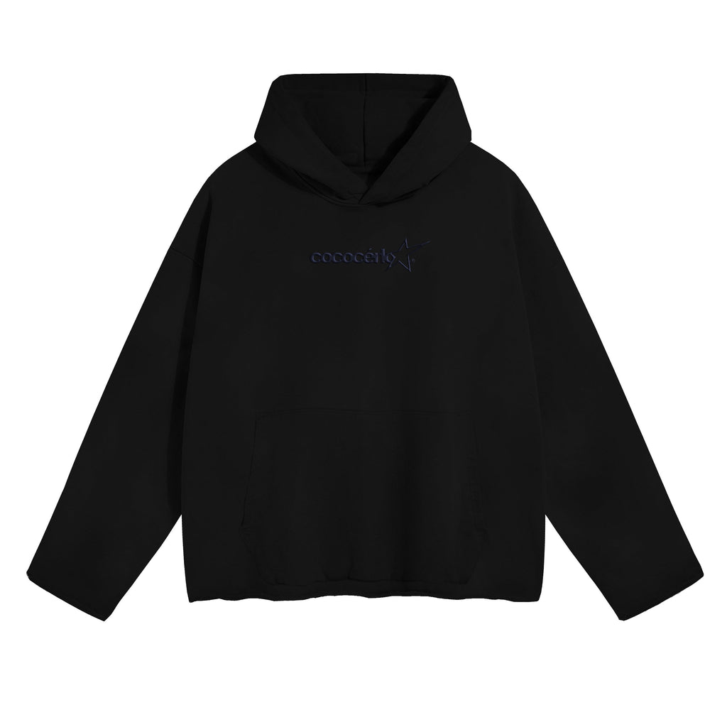 DISTRESSED HOODIE - BLACK // BLUE EMBROIDERY