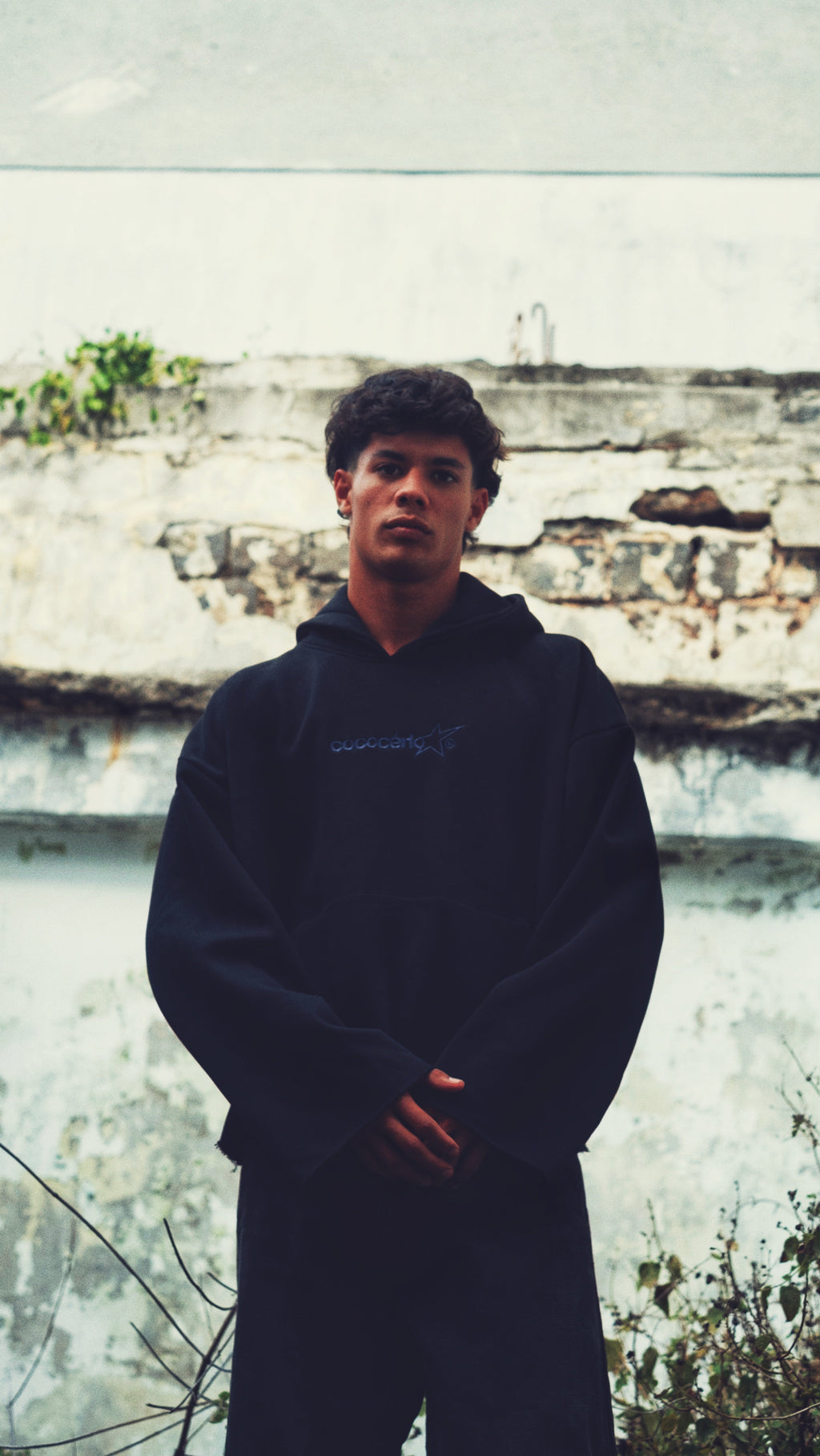 DISTRESSED HOODIE - BLACK // BLUE EMBROIDERY
