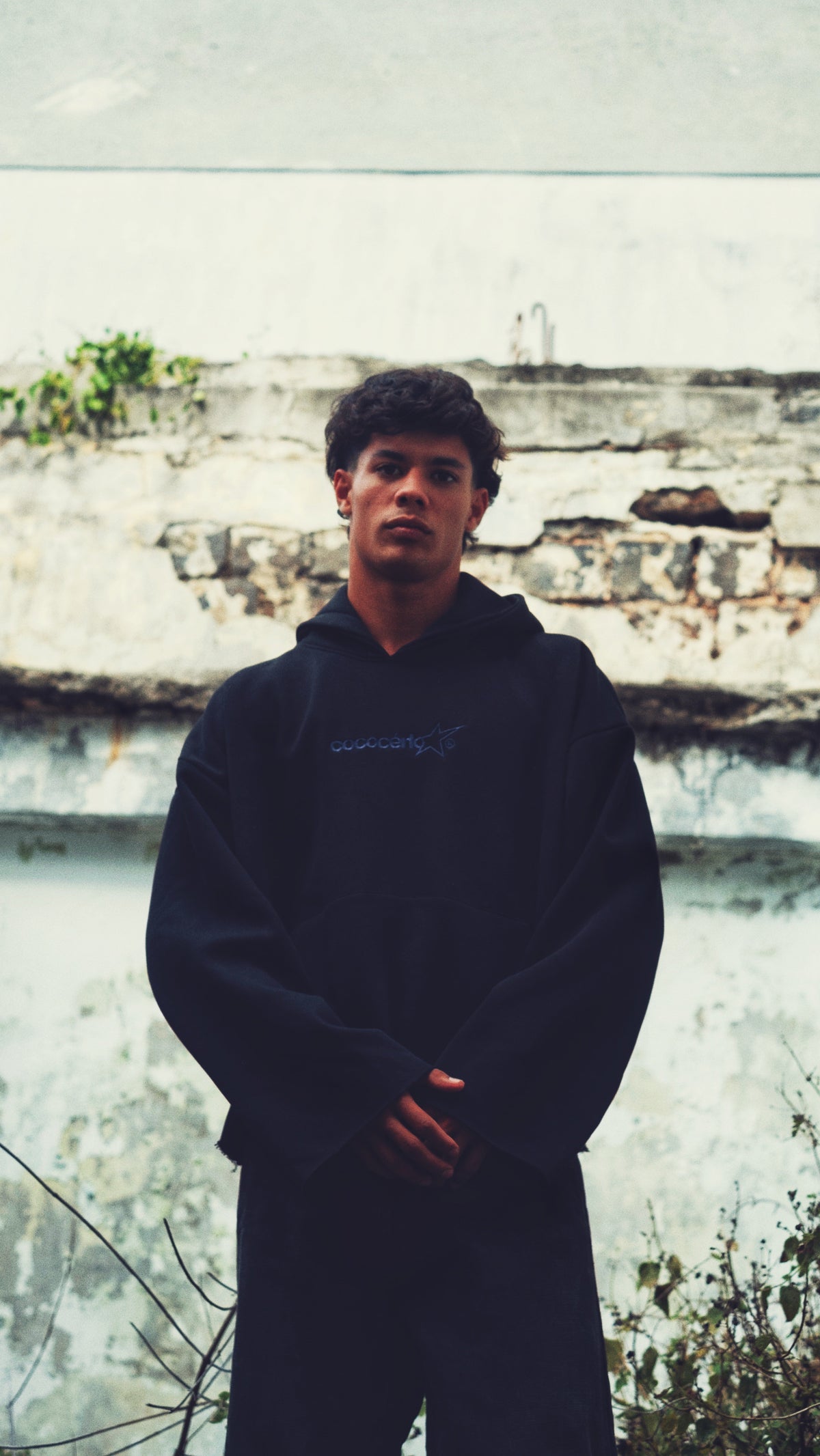 DISTRESSED HOODIE - BLACK // BLUE EMBROIDERY